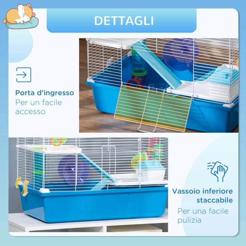 PawHut Gabbia per Criceti a 3 Livelli con Tunnel, Casetta e Ruota per Criceti, 59x36x47cm, Blu e Bianco