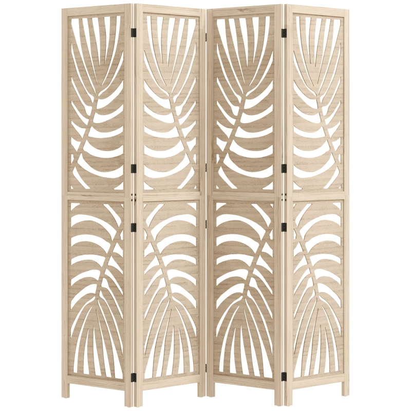 HOMCOM Paravent interieur en bois 4 panneaux 160 x 170 cm, pliable et portable, motif de feuille, design amovible, bois naturel