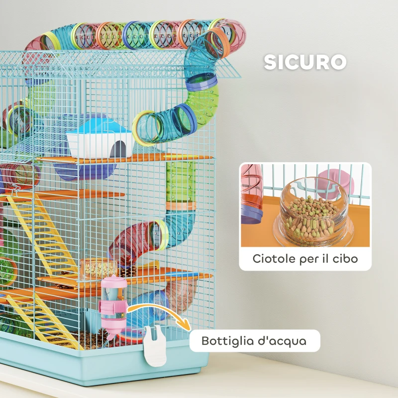 PawHut Gabbia per Criceti a 5 Piani con Tubi Colorati, Ruota, Casetta e Accessori, 47x30x59 cm, Azzurro