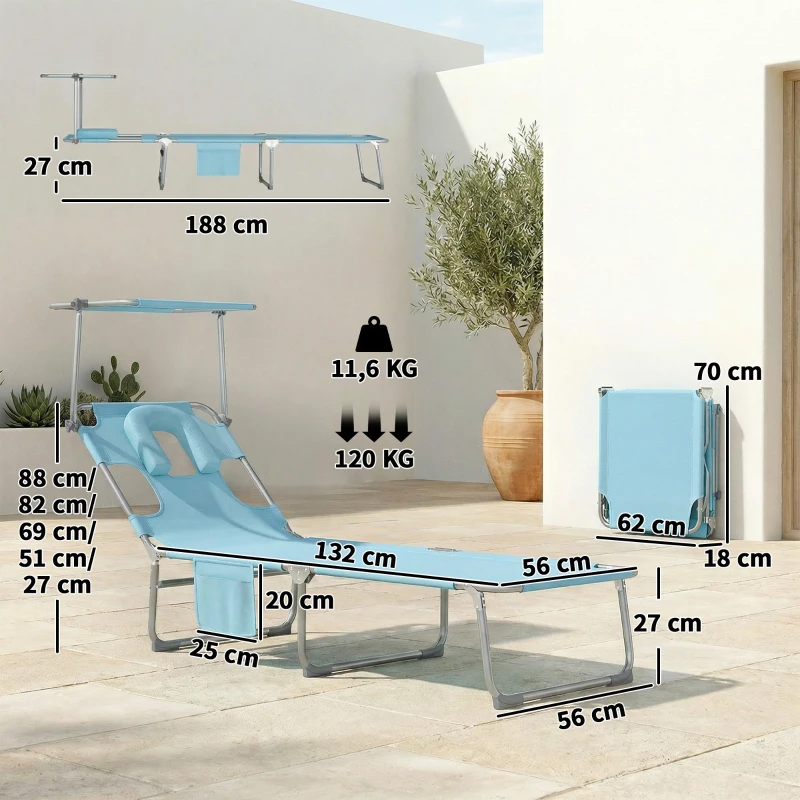 Outsunny Conjunto de 2 Espreguiçadeiras Dobráveis com Dossel 360° Encosto 5 Posições Orifício Facial 188x56x27 cm Azul Claro