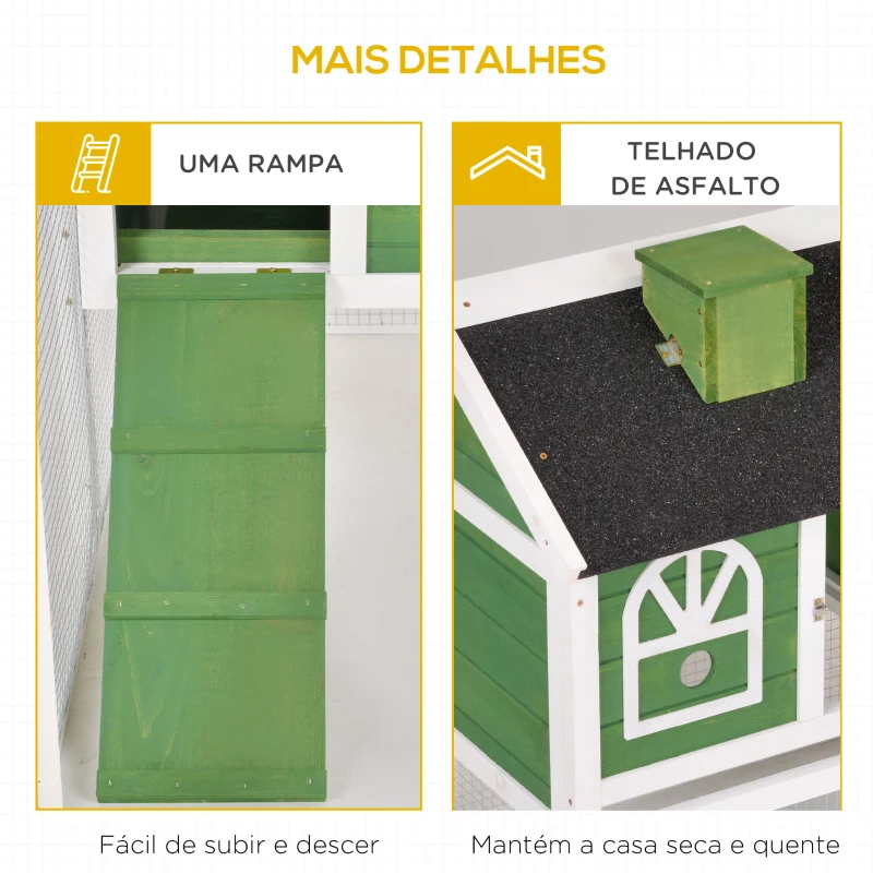 PawHut Coelheira de Madeira 120x60x79 cm Coelheira com Teto Asfáltico Bandeja Removível Escada e Chaminé para Exterior Verde