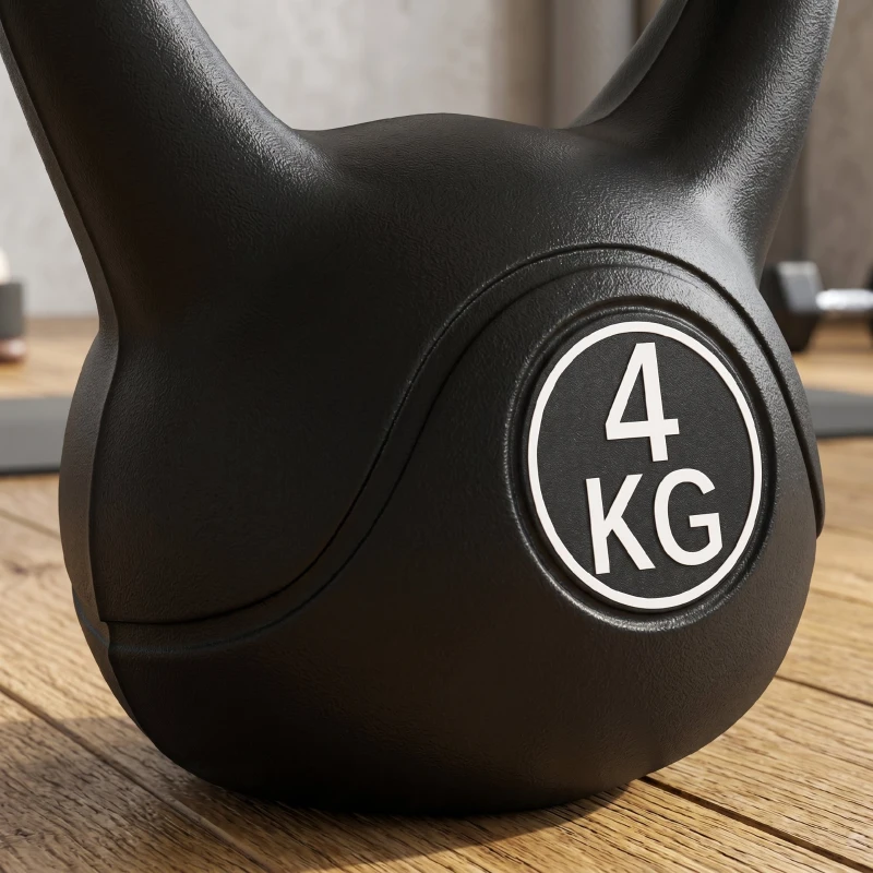 HOMCOM Kettlebell 4kg din plastic și nisip cu bază plată și mâner, 18x12x20 cm, negru