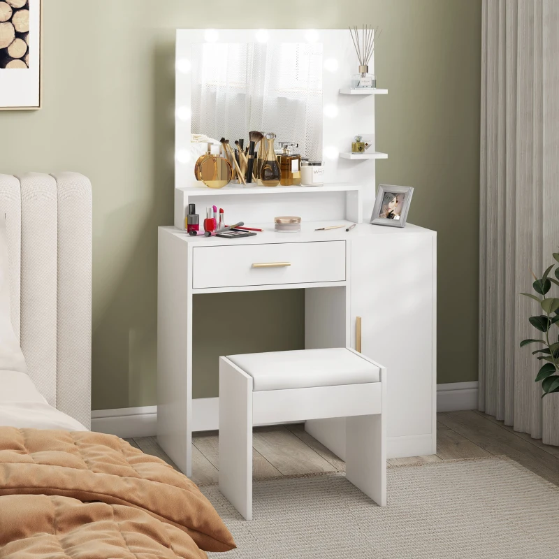 HOMCOM Toucador de Maquilhagem com Banco Mesa de Maquilhagem com Espelho LED Gavetas Prateleira Ajustável e Prateleiras Abertas Branco