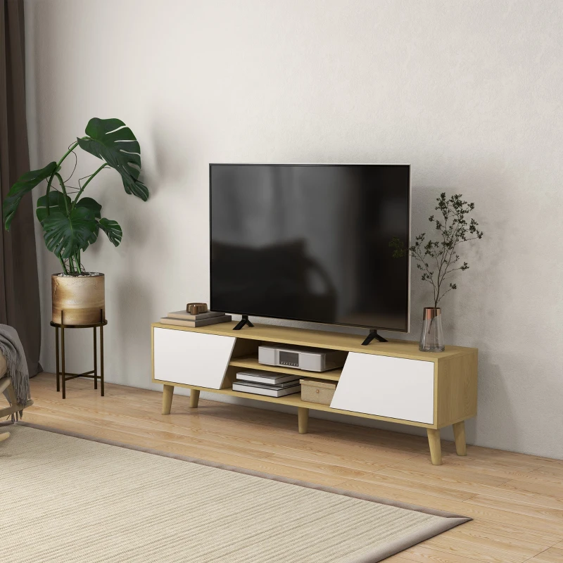 HOMCOM Meuble TV pour télévision jusqu'à 65 pouces design scandinave 2 portes 2 niches avec passe-câbles 150 x 30 x 42 cm