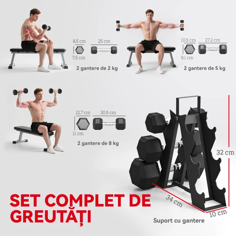 SPORTNOW Set Gantere Hexagonale cu Suport, 2 kg, 5 kg și 8 kg, Negru