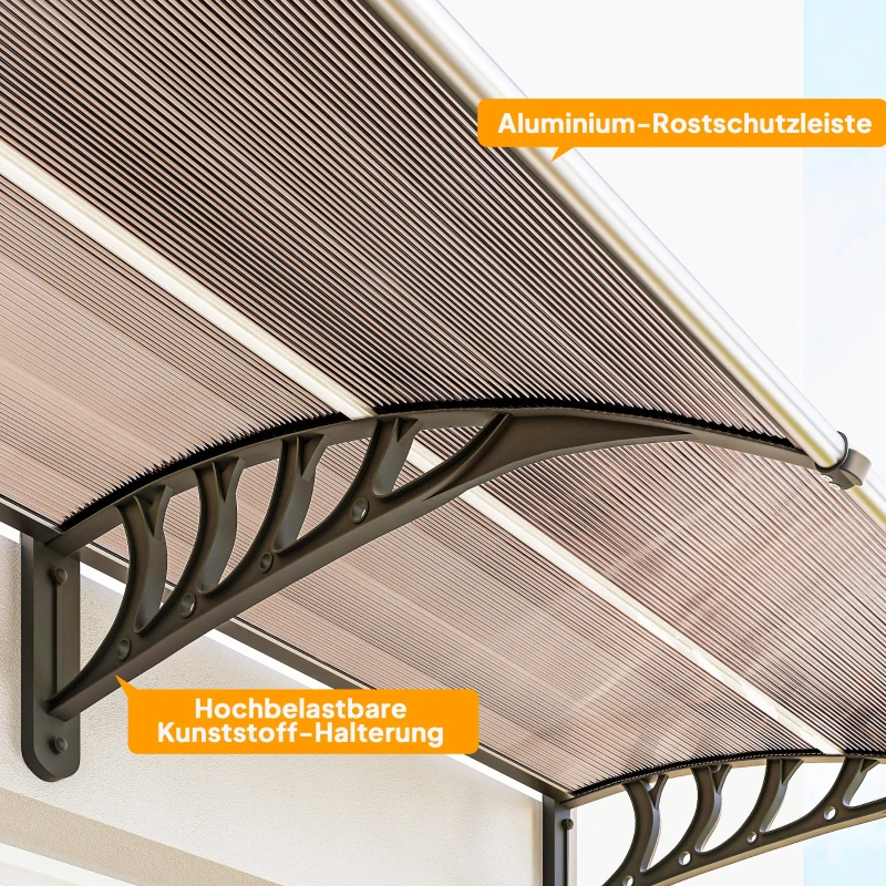 Outsunny Vordach für Haustür/Fenster, wetterfest, Braun, Aluminium-Verbindungstangen/Polycarbonat, 303x96x27cm, Schwarz
