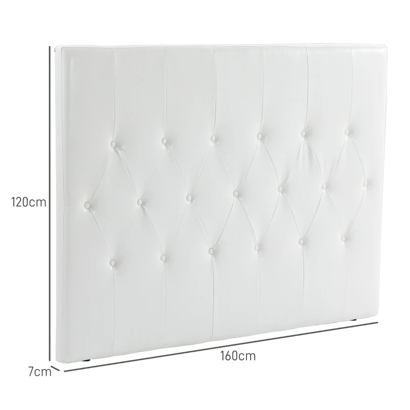 HOMCOM Tăblie de pat dublu tapițată cu design cu nasturi, din piele PU și MDF, 160x7x120 cm, alb
