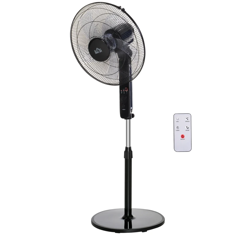 HOMCOM Standventilator mit Fernbedienung, Höhenverstellbarer Ventilator, 70° Oszillierender Lüfter, 3 Geschwindigkeitsstufen, Verstellbarer Neigungswinkel, 7,5h Timer, Ø44,5 x 110-124 cm, Schwarz