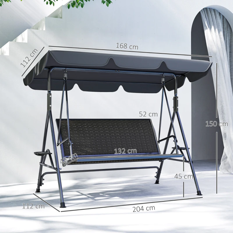 Outsunny Balansoar de Grădină 3 Locuri din Ratan PE cu Acoperiș Reglabil și Suporturi pentru Pahare, Balansoar de Exterior cu Cadru din Oțel, Capacitate 320 kg, 204x112x150 cm, Gri