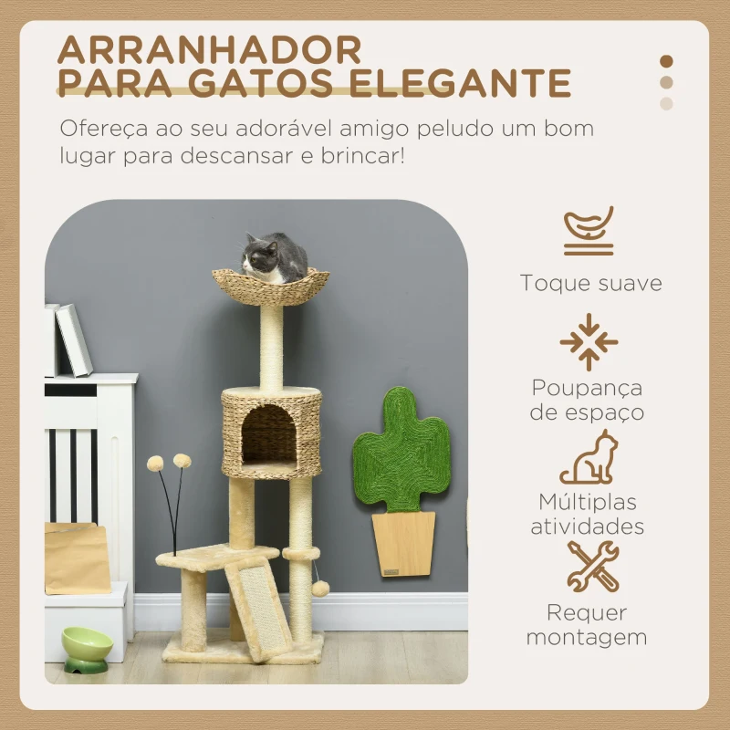 PawHut Arranhador para Gatos de 116 cm com Postes para Arranhar Cama Caverna de Taboa Rampa e Bolas 45x40x116 cm Bege