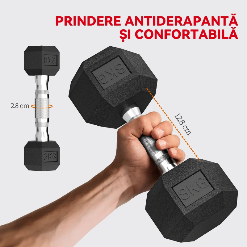 SPORTNOW Set Gantere Hexagonale cu Suport, 2 kg, 5 kg și 8 kg, Negru