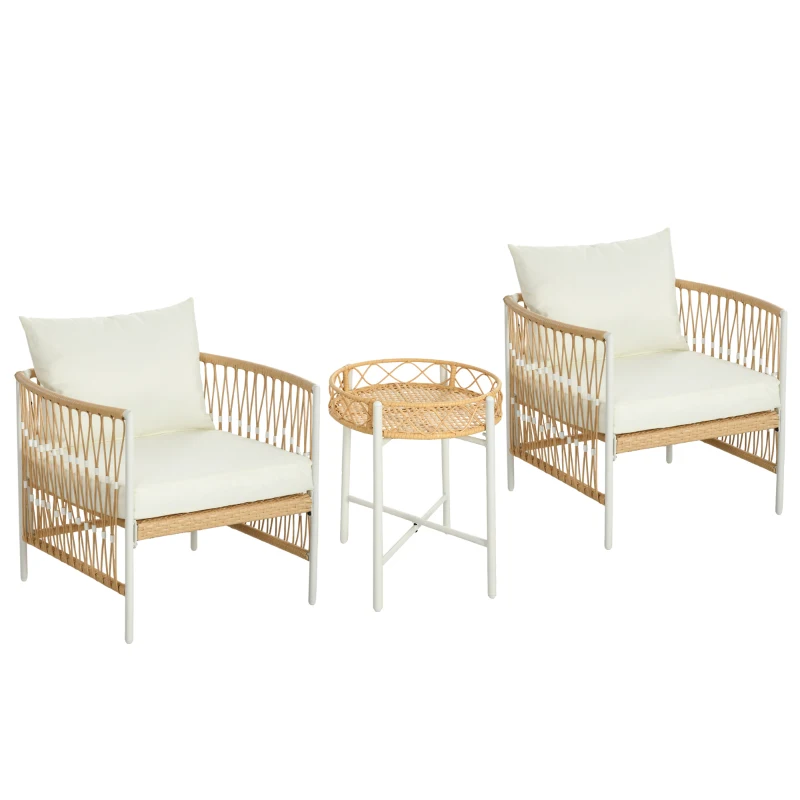 Outsunny Conjunto de Jardim Exterior com 2 Cadeiras e Mesa em Vime com Almofadas Acolchoadas para Varanda Terraço Bege e Creme