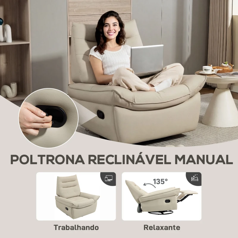 HOMCOM Poltrona Relax Reclinável Manual Giratória Função Baloiço Estofada em PU Reclinável até 135º 97x94x98 cm Creme