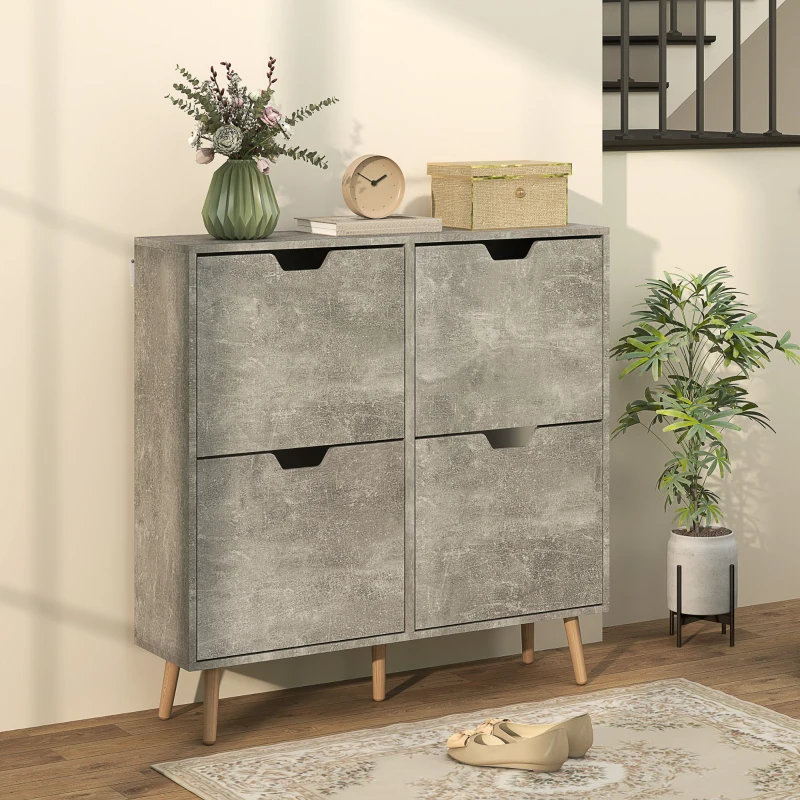 HOMCOM Dulap pentru încălțăminte cu 4 sertare rabatabile pe 2 niveluri pentru 16 perechi, din lemn, 95x26x95 cm, gri