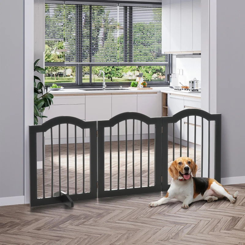 PawHut Absperrgitter Hund 3-teilig, 154,5 x 61 cm Faltbar Hundegitter mit Tür, Türschutzgitter mit 2 Stützfüßen, Freistehend Treppengitter für Küche, Flur, Schwarz