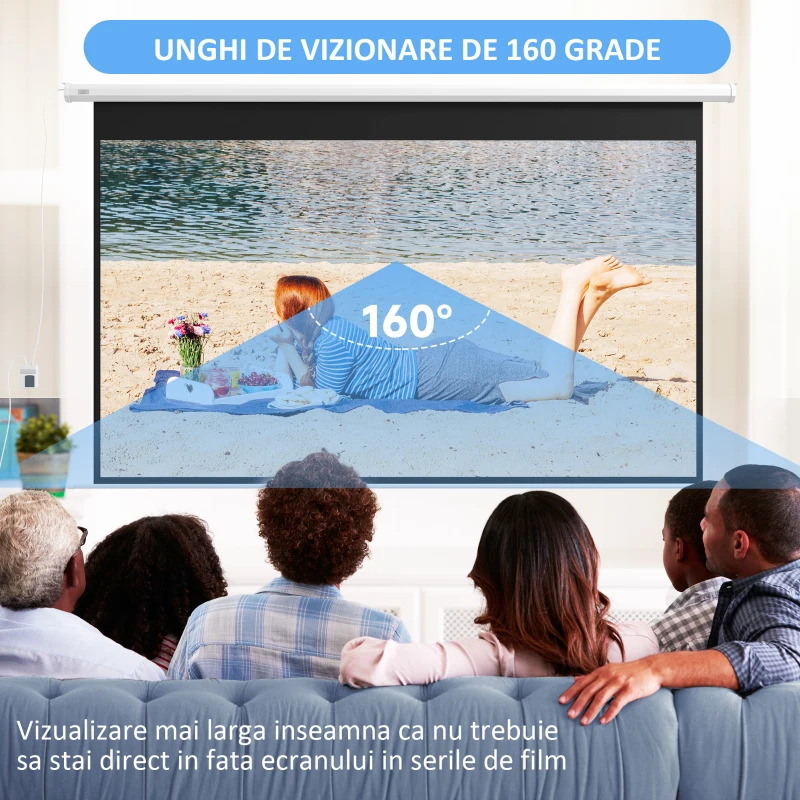 HOMCOM Ecran de Proiecție Motorizat 120" 16:9 cu Telecomandă, Montare pe Perete și Tavan, Alb