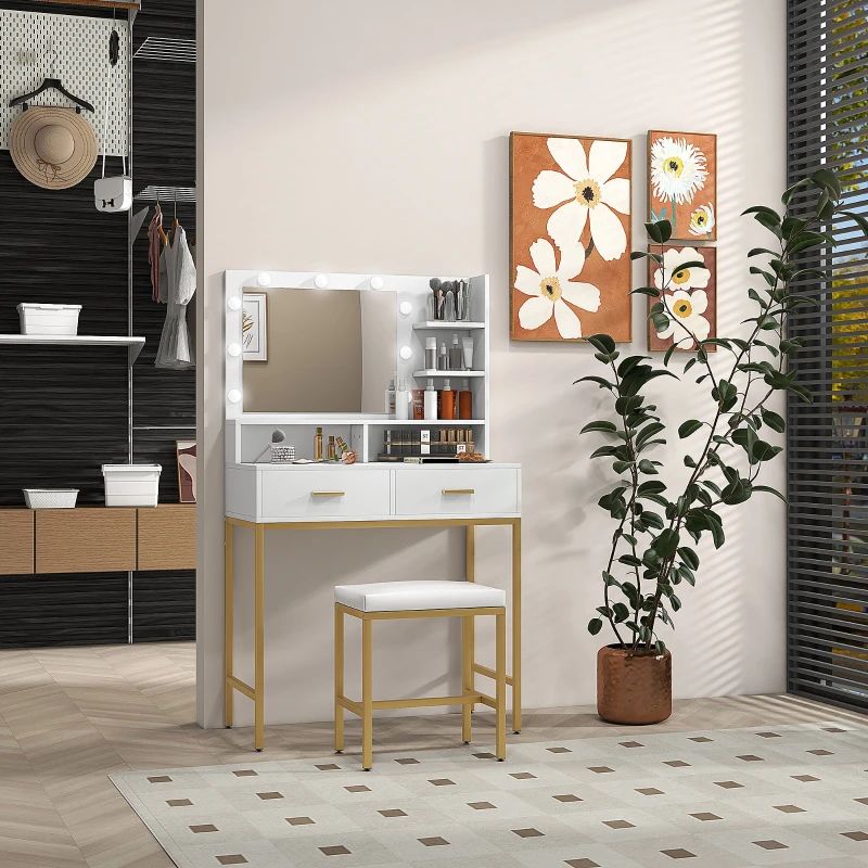 HOMCOM Măsuță de Toaletă cu Oglindă, 2 Sertare, 5 Rafturi și Taburet, din MDF și PAL, 80x40x138 cm, Alb