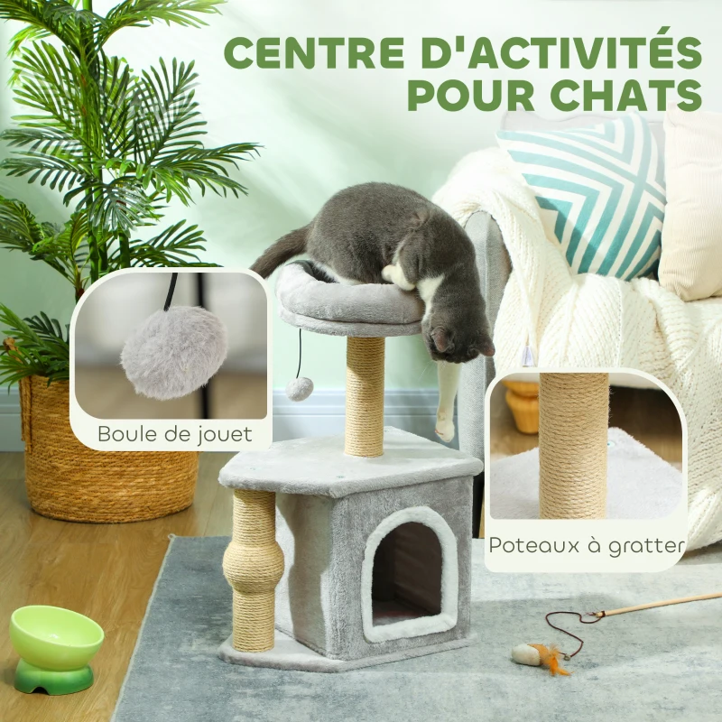 PawHut Arbre à chat tour de jeux pour chats, avec poteaux à griffer lit pour chat maison pour chat 42 x 30 x 66 cm gris clair