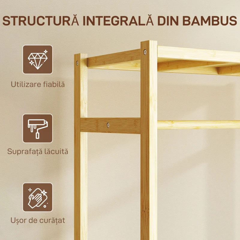 HOMCOM Suport de haine din bambus, cu bară, rafturi și 4 roți, 70x35x175 cm, lemn natural