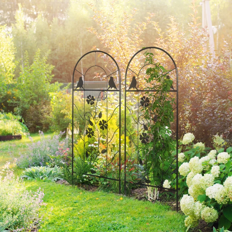 Outsunny Conjunto de 2 Treliças de Jardim Suportes para Plantas Trepadeiras com Estrutura Metálica Decoração para Exterior 38x98 cm Preto