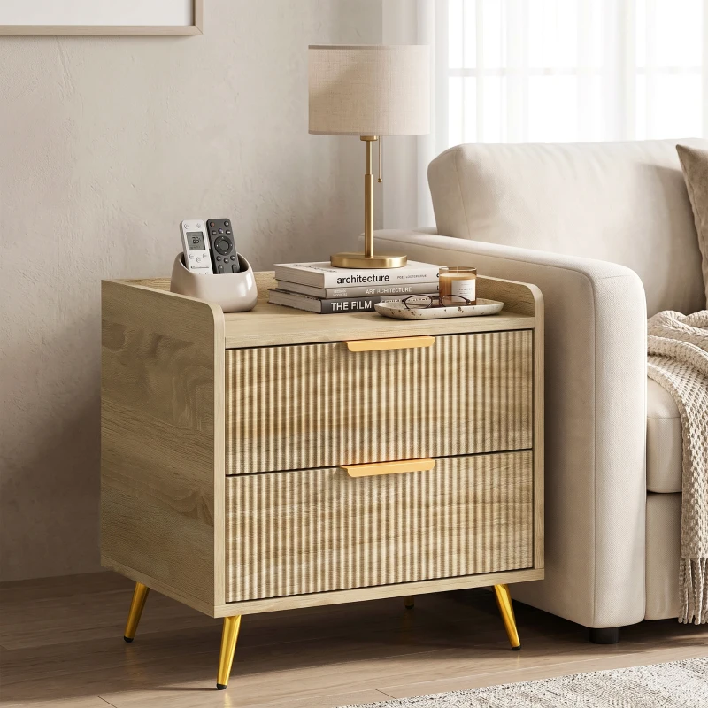 HOMCOM Bedside Table with 2 Drawers, Side End Table with Metal Legs for Bedroom, Living Room, Natural Wood Finish