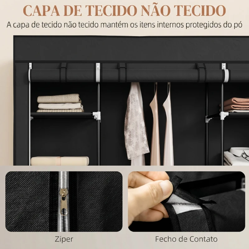 HOMCOM Roupeiro em Tecido com Barra, 10 Prateleiras, Cobertura com Fecho e Estrutura em Aço 150x43x162,5 cm Preto