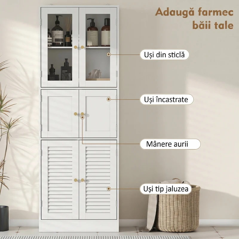 HOMCOM Dulap de Baie cu 3 Compartimente cu Uși din Sticlă și Lemn, Rafturi Reglabile, 60x30x170 cm, Alb