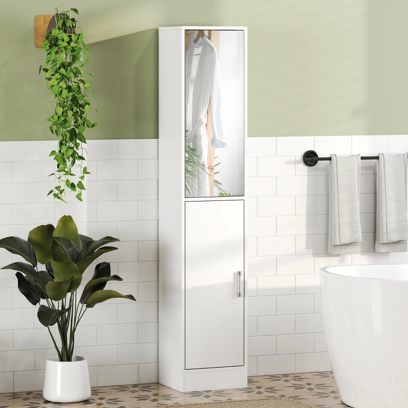 kleankin Mobile Colonna Bagno in Legno a 5 Ripiani con Anta a Specchio Apribile, 32x28x162 cm, Bianco