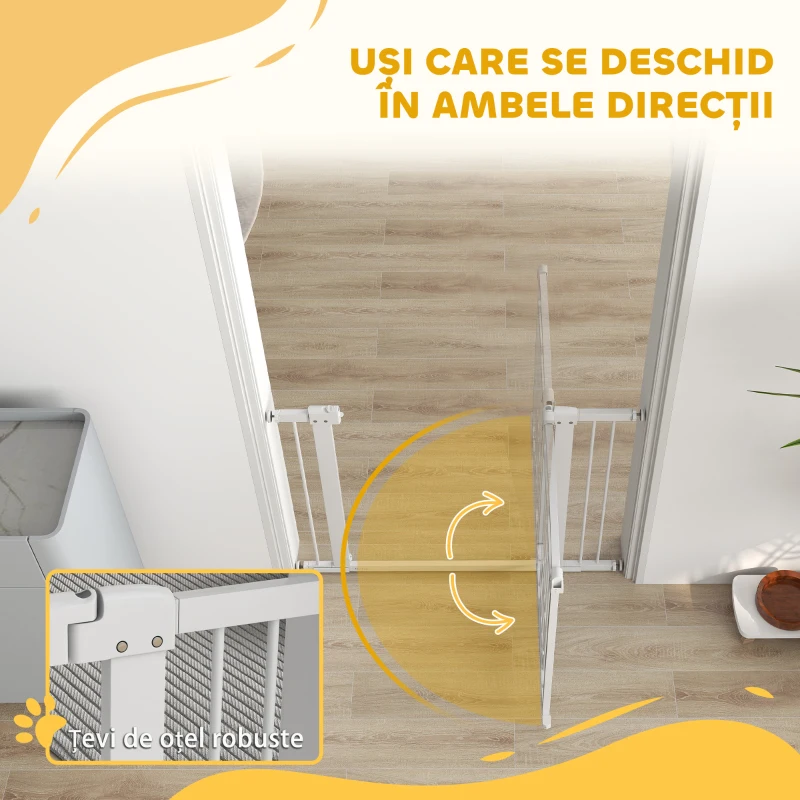 PawHut Barieră Reglabilă pentru Câini, 76-104 cm, Înălțime de Siguranță 77 cm cu 2 Extensii, Alb