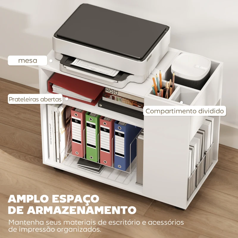 HOMCOM Mesa de Apoio com Rodas Compartimentos Superiores e Prateleiras Abertas 70x36x60 cm Branco