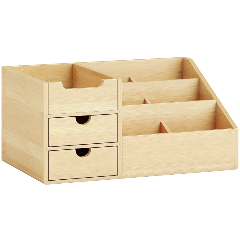 HOMCOM Boite de Rangement de Bureau - Organiseur de Bureau - 7 Compartiments, 2 tiroirs - Bambou Verni, Bambou