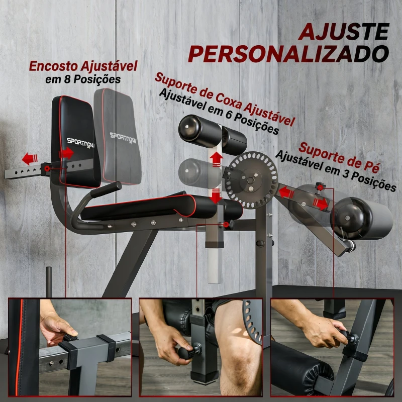 SPORTNOW Máquina de Extensão e Flexão de Pernas Ajustável com Carga de Discos para Treino de Glúteos e Coxas em Ginásio