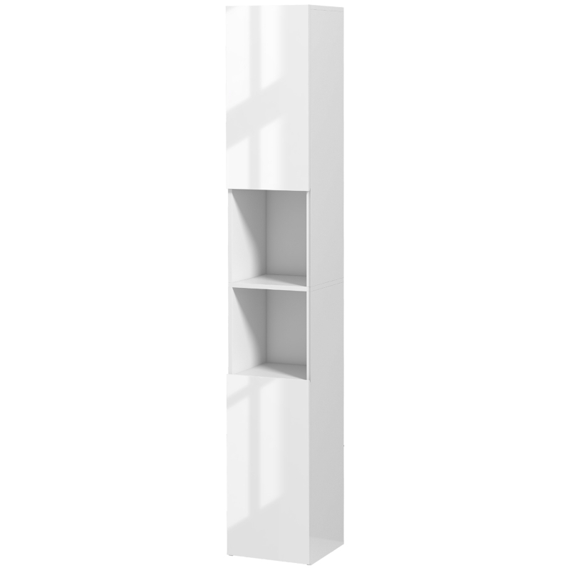 kleankin Armário Alto e Estreito para Casa de Banho com Portas e Prateleiras Ajustáveis 30x30x181,5 cm Branco Brilhante