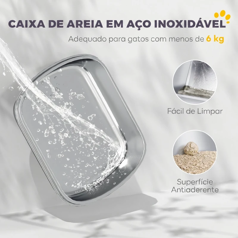 PawHut Caixa de Areia para Gatos em Aço Inoxidável L com Tampa Removível e Pá Inox, Cinzento Claro
