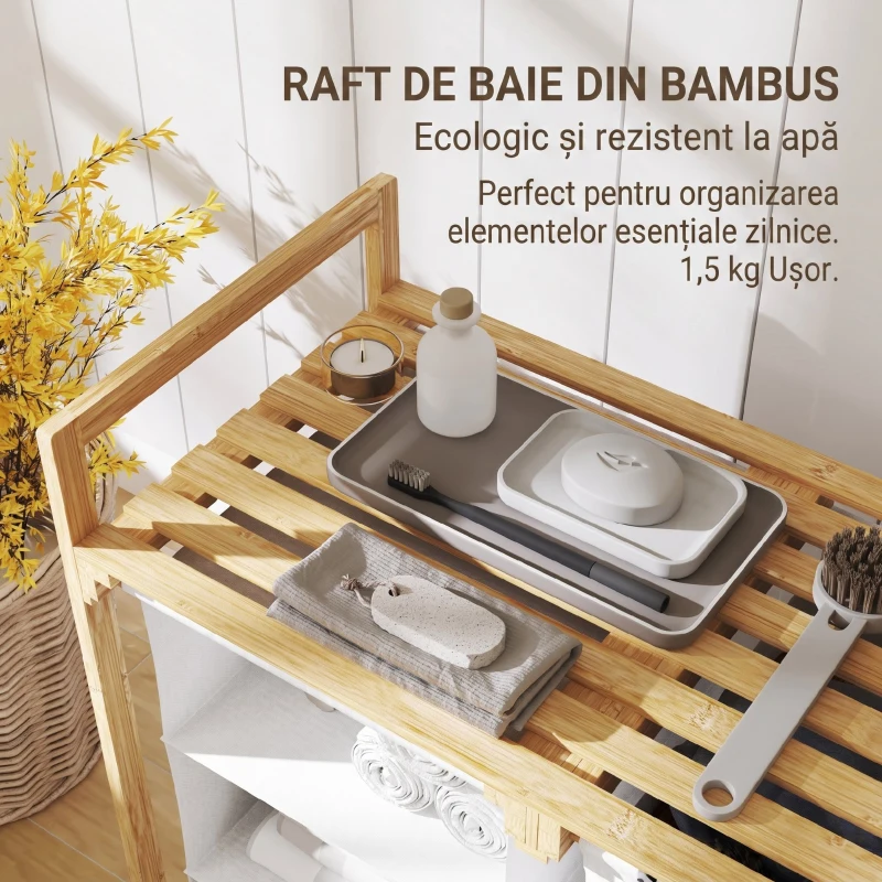 HOMCOM Coș pentru rufe cu 2 saci detașabili, mânere și raft din bambus, 70x36x70 cm, alb