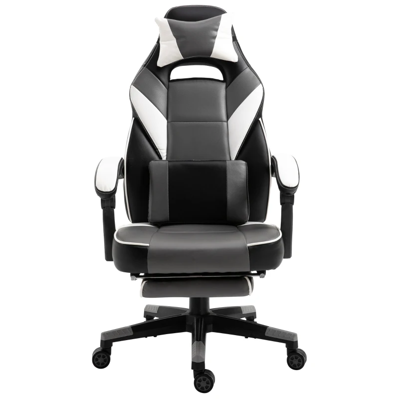 Vinsetto Ergonomischer Bürostuhl, Gaming Stuhl, Drehstuhl mit Lendenkissen und Fußstütze, Kunstleder, Grau, Weiß, Schwarz, 68 x 70 x 120-127 cm