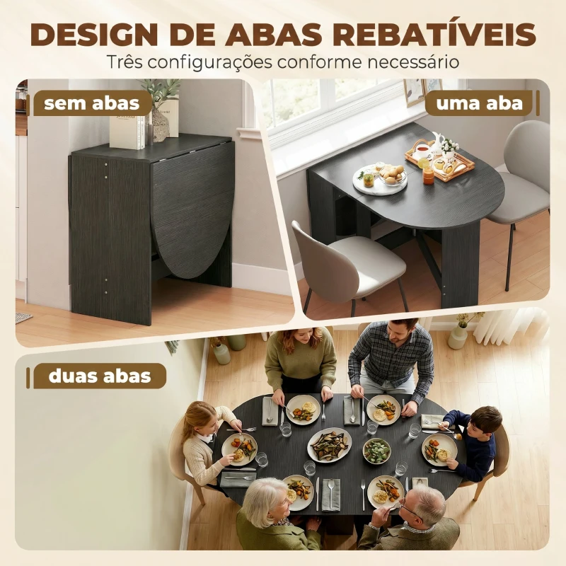 HOMCOM Mesa de Cozinha Dobrável com Alas Rebatíveis Mesa de Cozinha Dobrável de Forma Oval Estilo Moderno 163x80x75 cm Preto