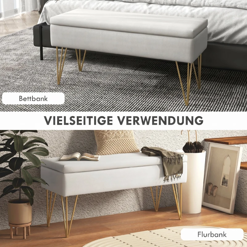 HOMCOM Banco para Pé de Cama Estofado em Tecido Sintético com Pernas de Aço e Assento Acolchoado 100x40x49 cm Creme