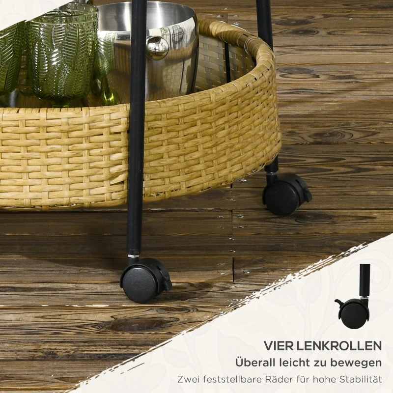 Outsunny Outdoor Servierwagen, 2 Etagen, Bremsen, Polyrattan, Metallrahmen, Φ50 x 66H cm, Gelb