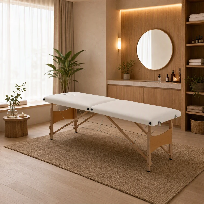 HOMCOM Mobile Massageliege 2 Zonen Klappbar Höhenverstellbar Massagetisch 60 cm Breit mit Tragetasche Holzfüßen Cremeweiß