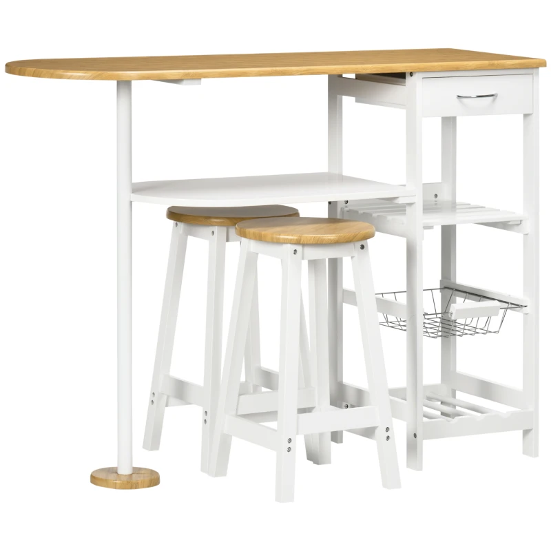 HOMCOM Conjunto de Mesa com 1 Gaveta 2 Prateleiras Cesta Removível e Suporte para Garrafas 119x38,5x88,5cm e 2 Bancos 29x29x55cm Branco