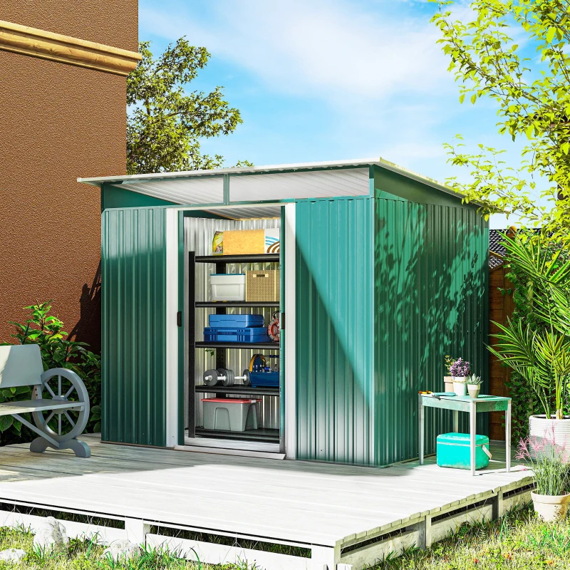 Outsunny Abrigo de Jardim 4,5 m² 260x194x200 cm Abrigo Exterior Metálico com 2 Portas Deslizantes para Armazenamento de Ferramentas Verde