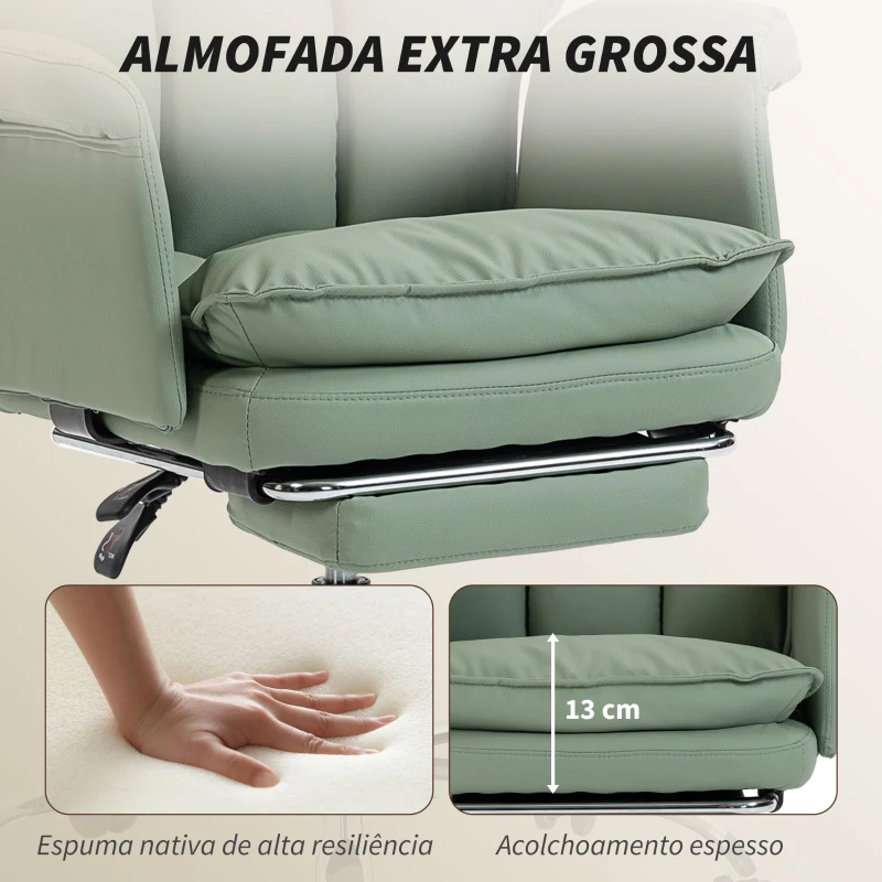 HOMCOM Cadeira de Secretária com Apoio para os Pés  Encosto Reclinável Estofada em Couro Sintético 69x65x108-116 cm Verde
