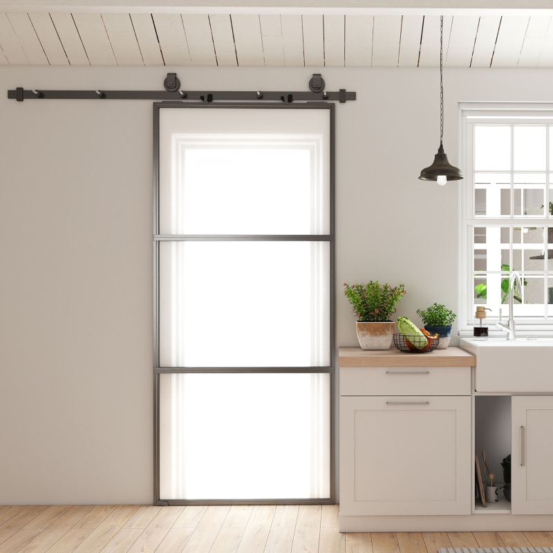 HOMCOM Porta de Correr de Vidro com Mecanismo de Fecho Suave para Casa de Banho Sala de Estar Cozinha 91,4x203,2 cm Preto