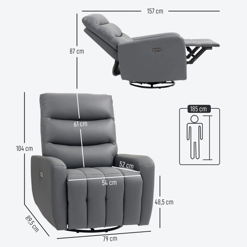 HOMCOM Relaxsessel, Polstersessel mit Liegefunktion, Fernbedienung, USB-Anschluss, Grau