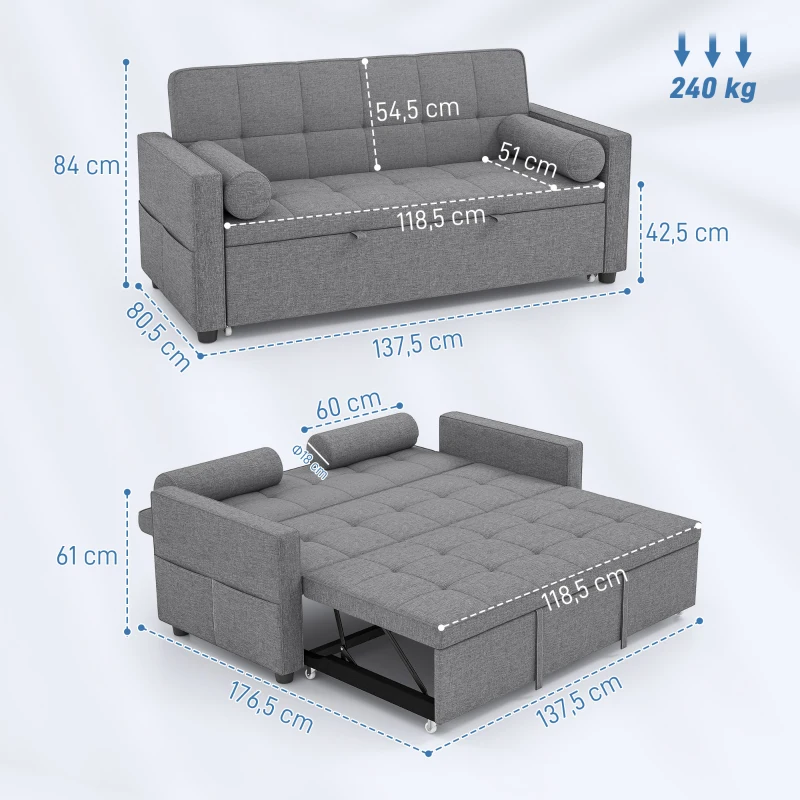 HOMCOM Sofá-Cama 2 Lugares 3 em 1 Deslizante em Tecido Linho com Encosto Ajustável Bolsos 2 Almofadas para Sala de Estar Cinzento