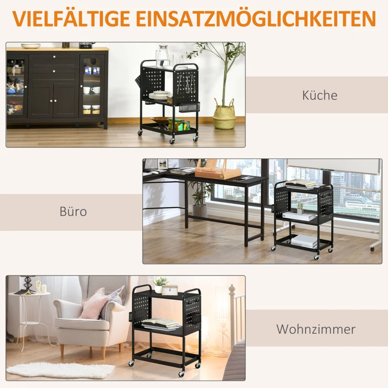 HOMCOM Rollwagen Küchenwagen mit Rollen Küchenregal Metallregal mit 2 Ebenen Badregal Aufbewahrungswagen Servierwagen Stahl Schwarz 70 x 33,4 x 80,5 cm