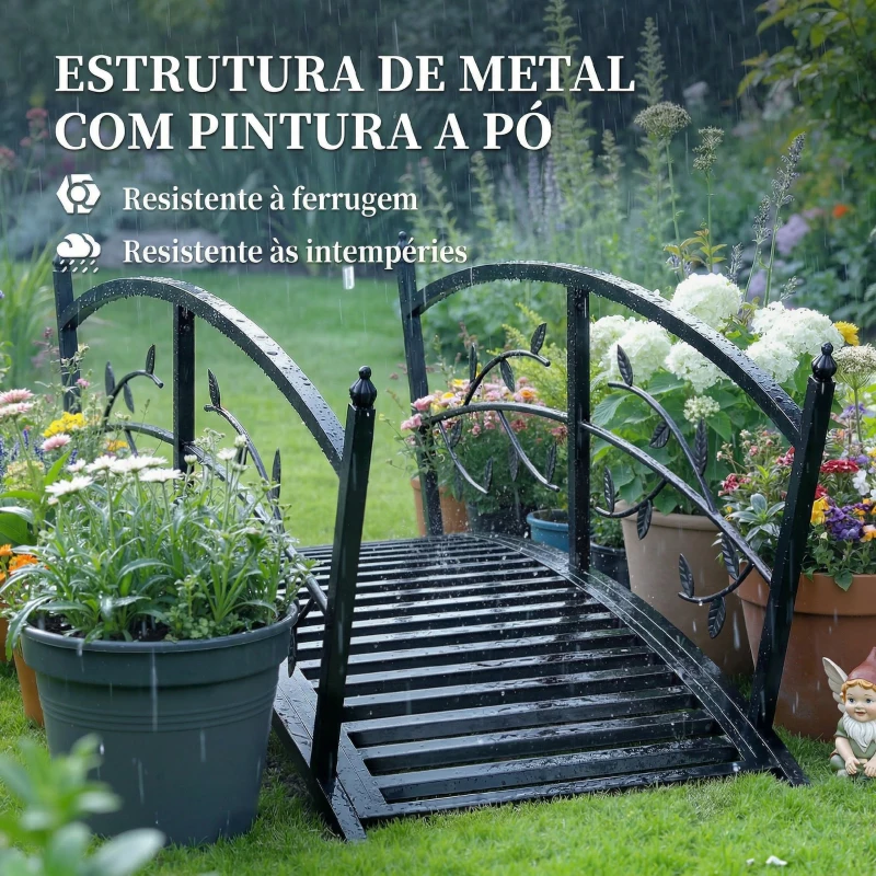 Outsunny Ponte de Jardim Metálica 1,2 m Ponte Decorativa para Lagos com Corrimãos de Segurança e Design de Folhas Preto
