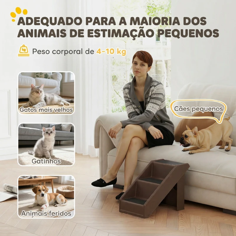 PawHut Escada Dobrável para Cães de 3 Degraus para Animais de Estimação Idosos para Cama Sofá 53x30,5x36,5 cm Castanho