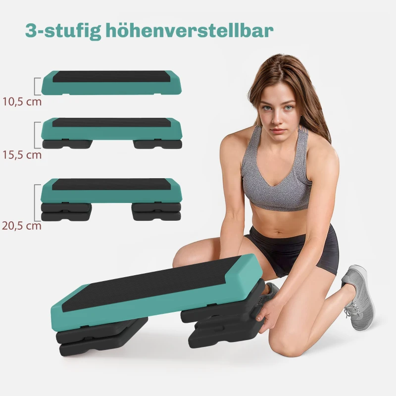SPORTNOW Steppbrett höhenverstellbar Fitness Aerobic Stepper mit 3 Stufen (10,5/15,5/20,5 cm), Anti-Rutsch Grün